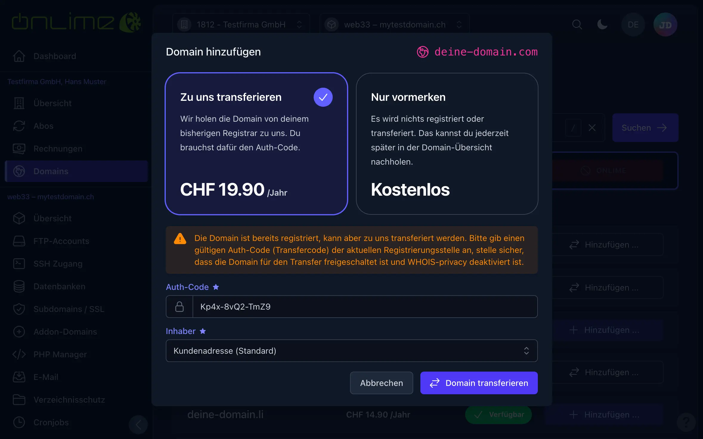 Domain transferieren