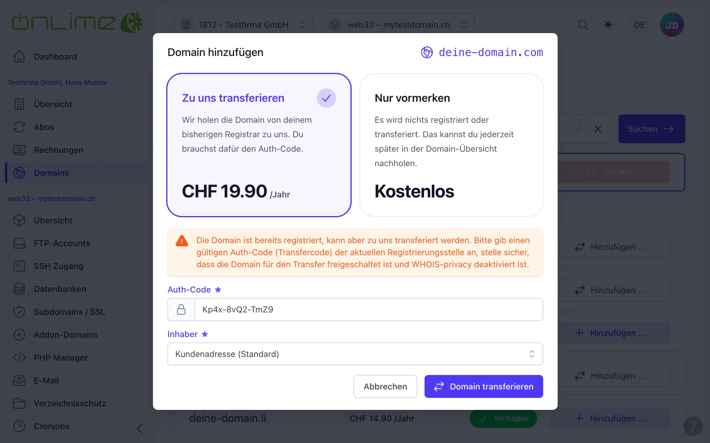 Domain transferieren