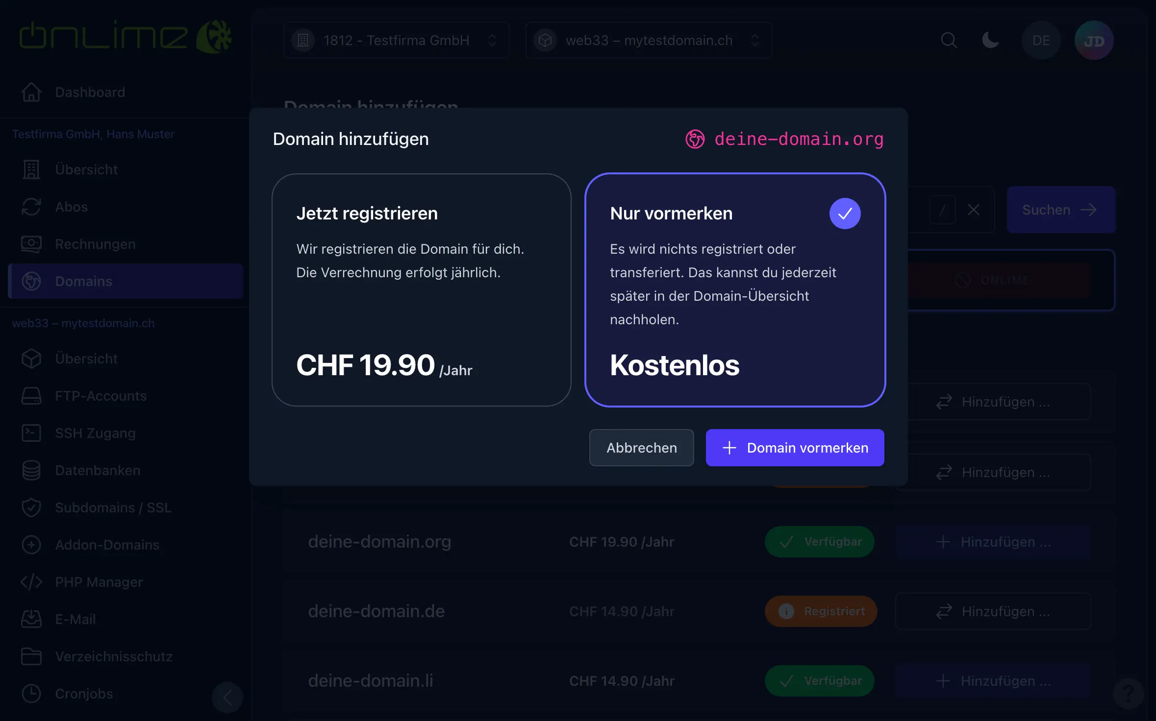 Domain nur vormerken