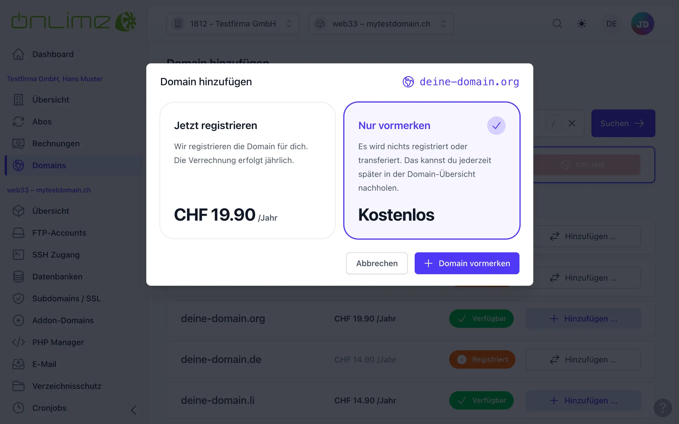 Domain nur vormerken